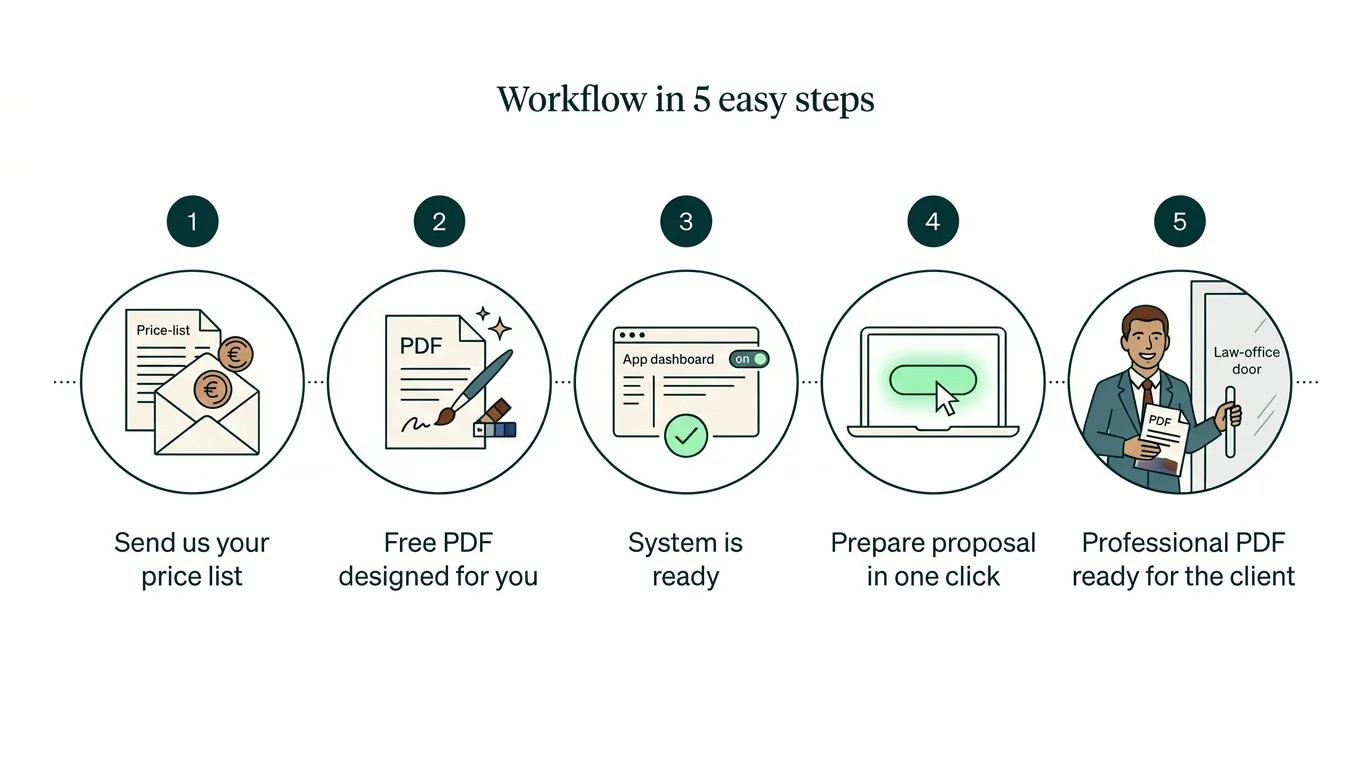 Workflow in 5 easy steps: send us your price list, free PDF designed for you, system is ready, prepare a proposal in one click, professional PDF ready for the client.